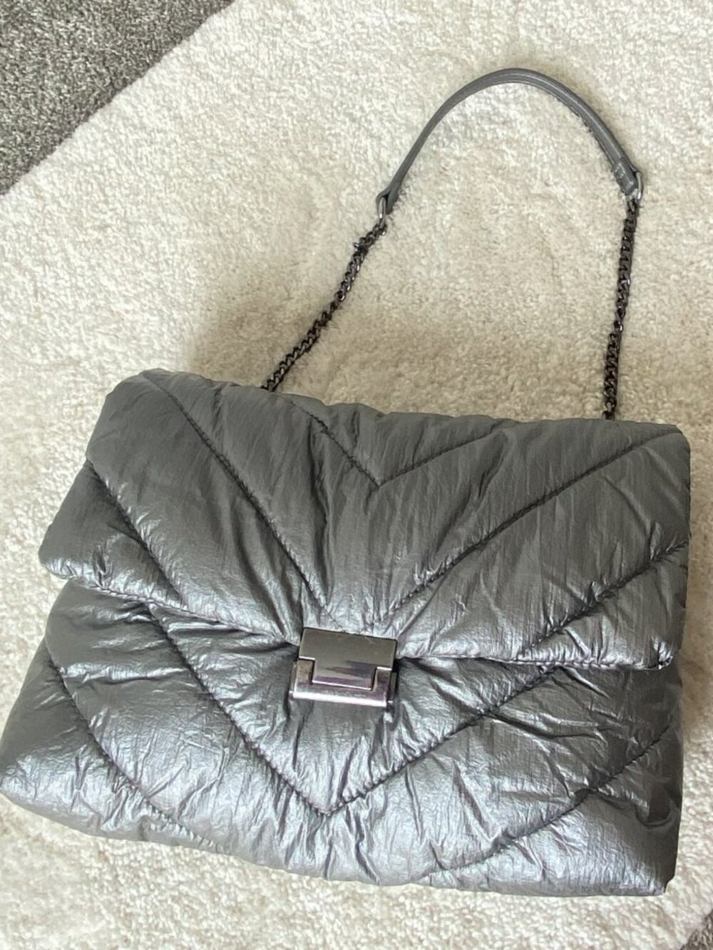Zara Womens Y2K Metallic Gray Quilted Puffer Shoulder Bag Chain Strap